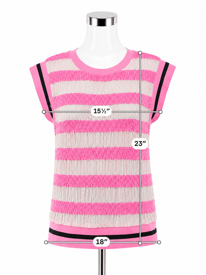 Voy Pink &amp; Ivory Striped Mixed Media Tencel Blend Cap Sleeve Top Size Large