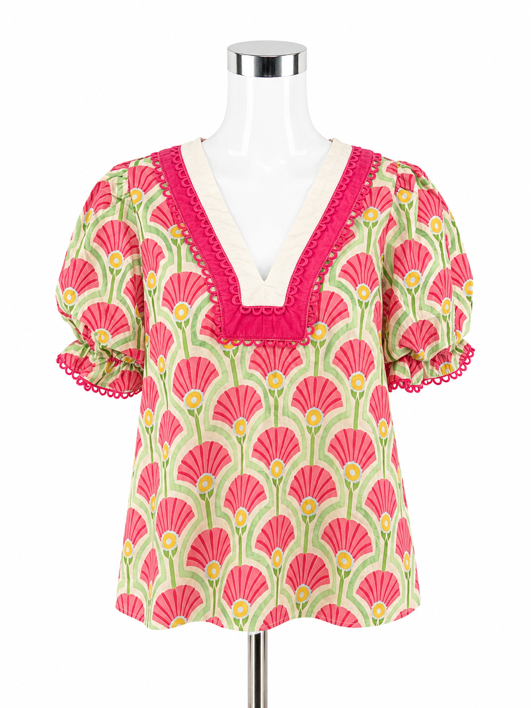 Entro Floral Art Deco Puff Sleeve Scallop Trim Blouse NWT Size Large