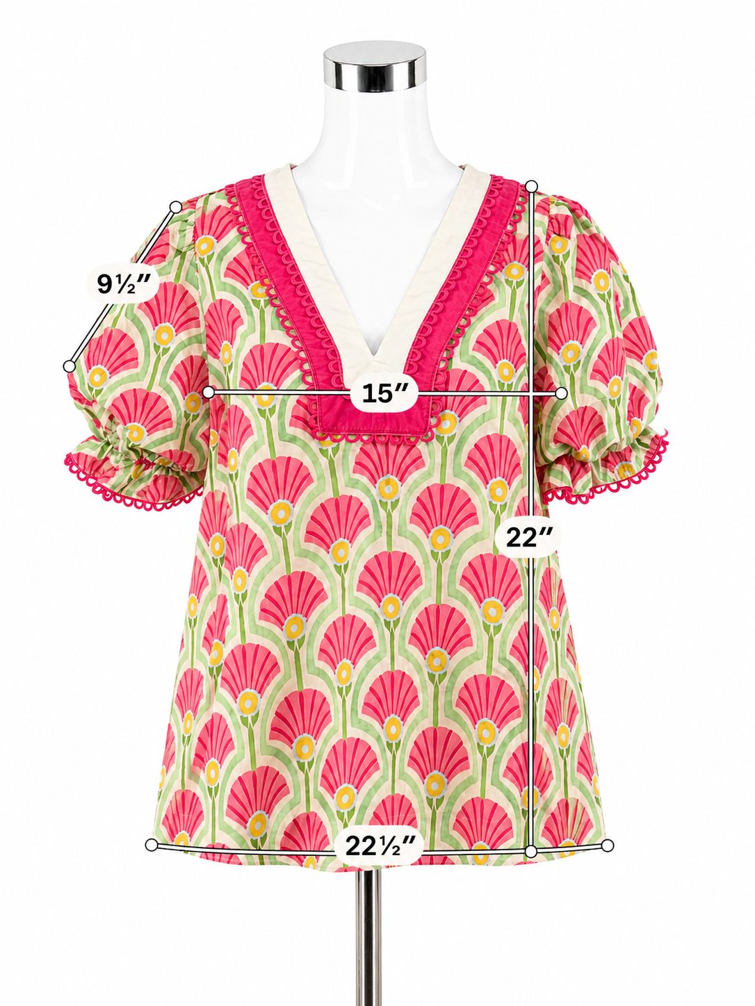 Entro Floral Art Deco Puff Sleeve Scallop Trim Blouse NWT Size Large