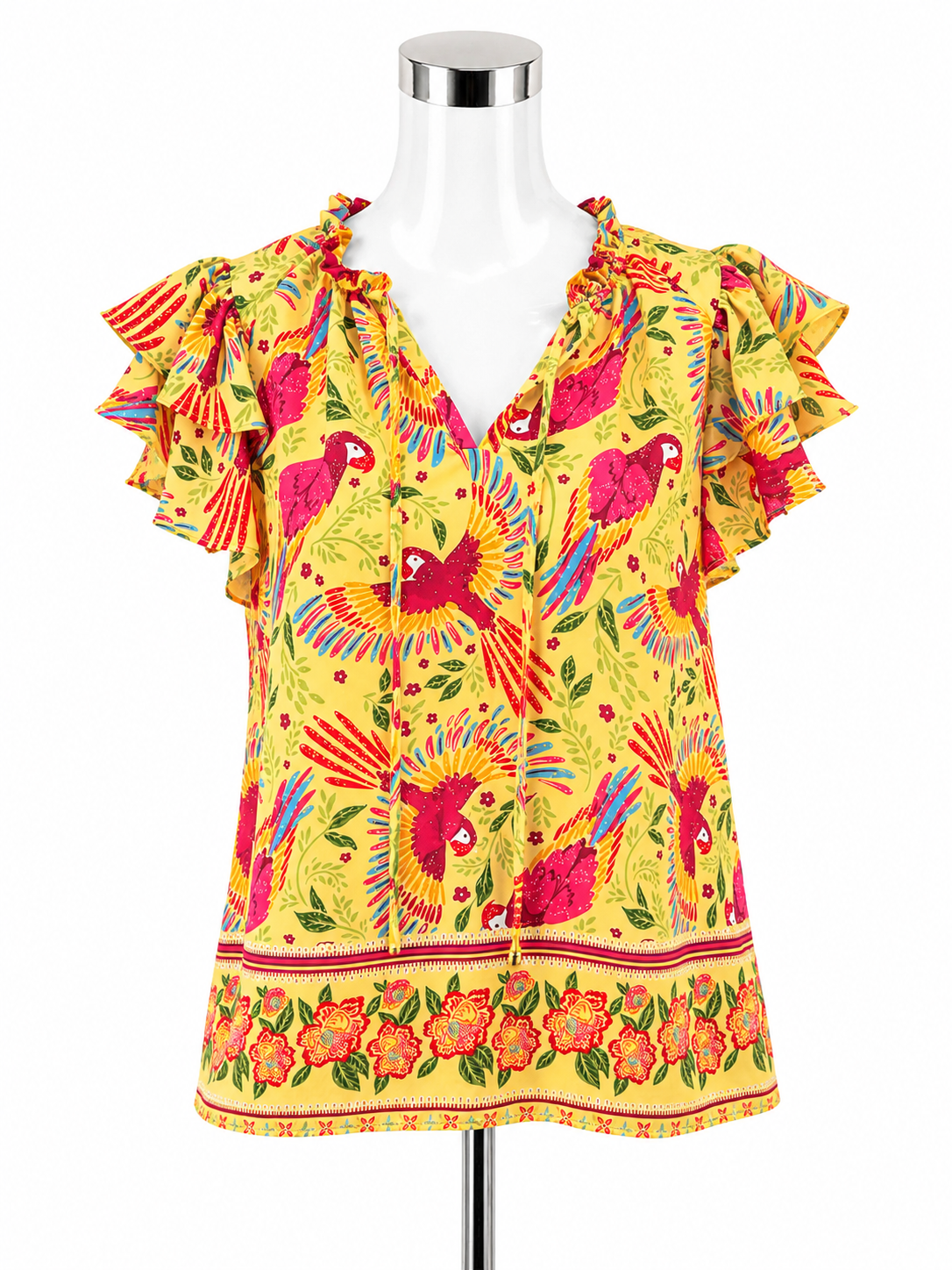 Rachel Roy Tropical Parrot Print Flutter Sleeve Blouse | Size Small