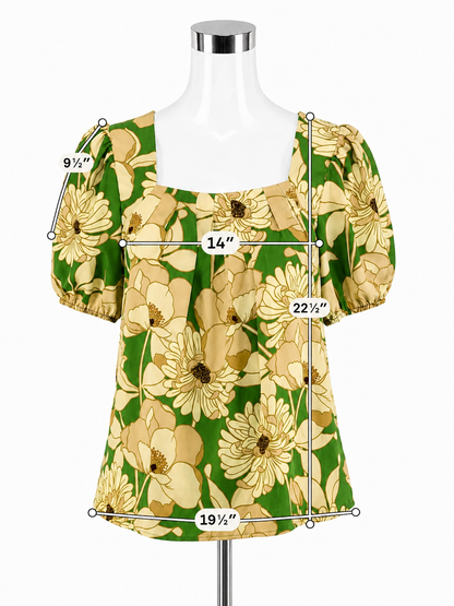 DR2 by Daniel Rainn Floral Puff Sleeve Square Neck Blouse Top XS Green