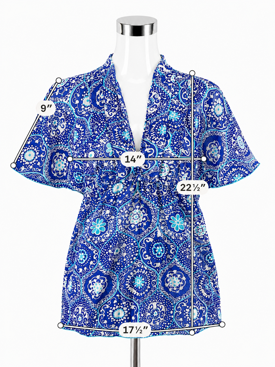 Trina Turk Fanciful Medallion Print Silk Cotton Blend Top Blue White Size Small