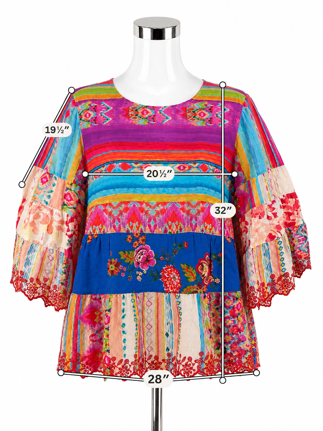 John Mark Floral Patchwork Boho Tunic Top Embroidered 3/4 Sleeve Blouse Size XL