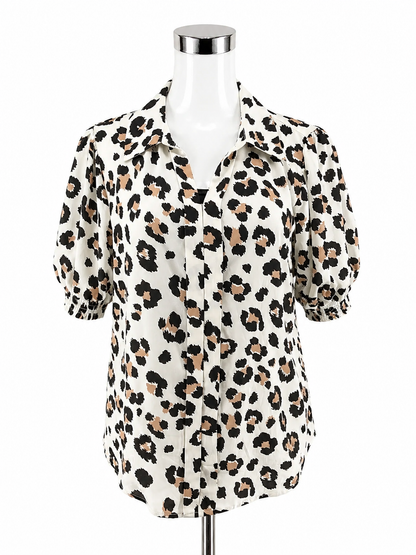 Jodifl Leopard Print Puff Sleeve Blouse | Size Large Animal Print Collared Top
