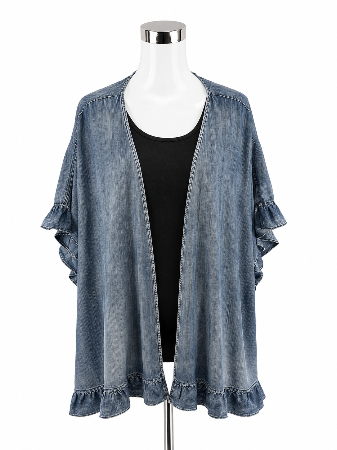 Easel Blue Tencel Ruffle Hem Open Front Kimono Top Size Large