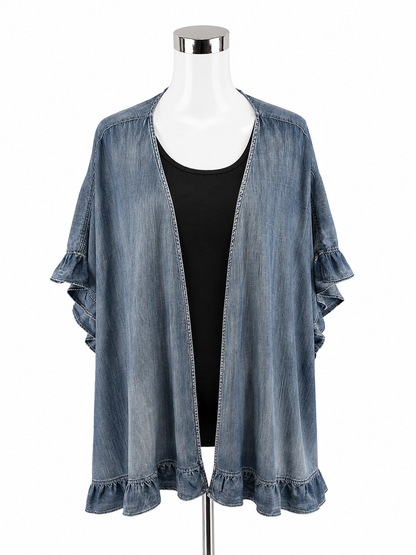 Easel Blue Tencel Ruffle Hem Open Front Kimono Top Size Large
