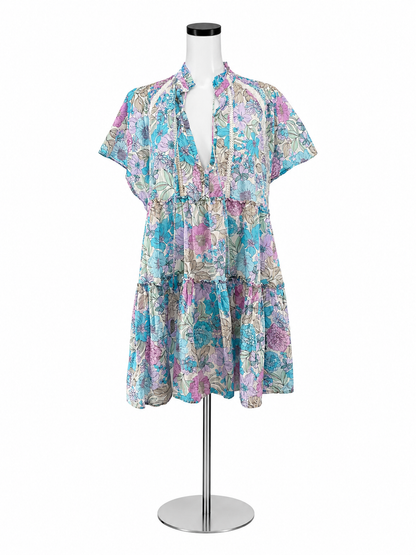 Karlie Floral Smocked Tiered Mini Dress Blue Purple Ruffle Tie Neck Size Large