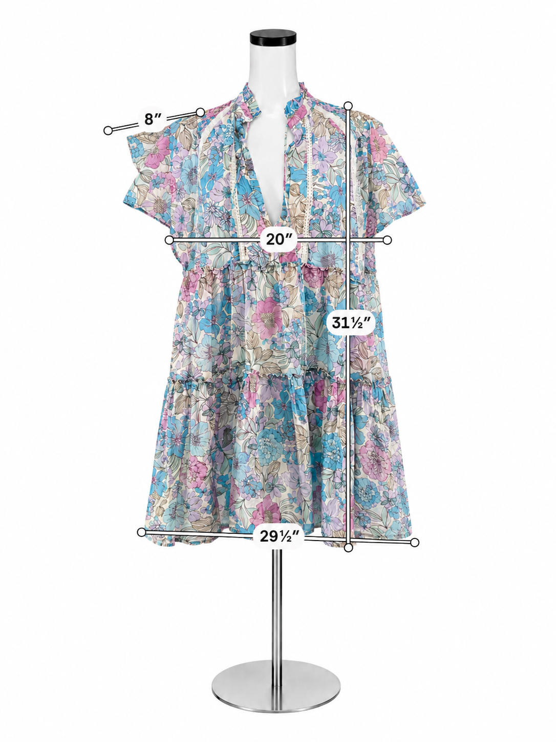Karlie Floral Smocked Tiered Mini Dress Blue Purple Ruffle Tie Neck Size Large