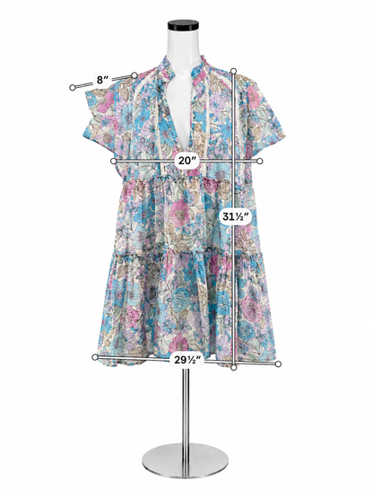 Karlie Floral Smocked Tiered Mini Dress Blue Purple Ruffle Tie Neck Size Large