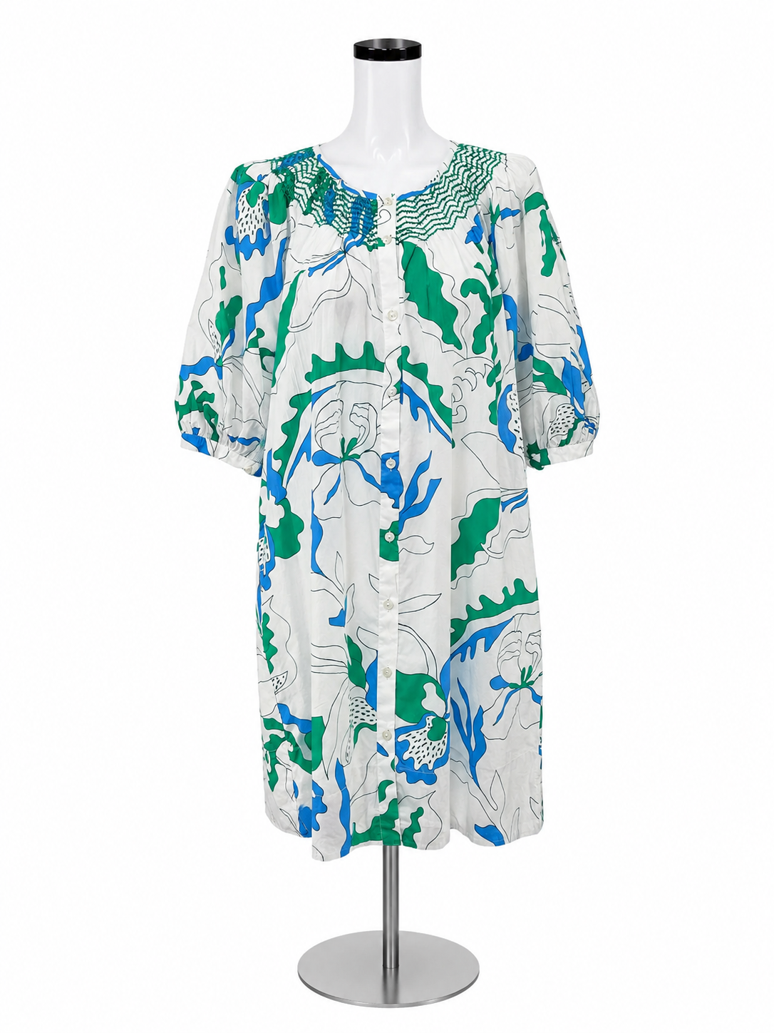 Oliphant Smocked Tunic Dress Hand-Blocked Cotton Blue Green Floral NWT XL