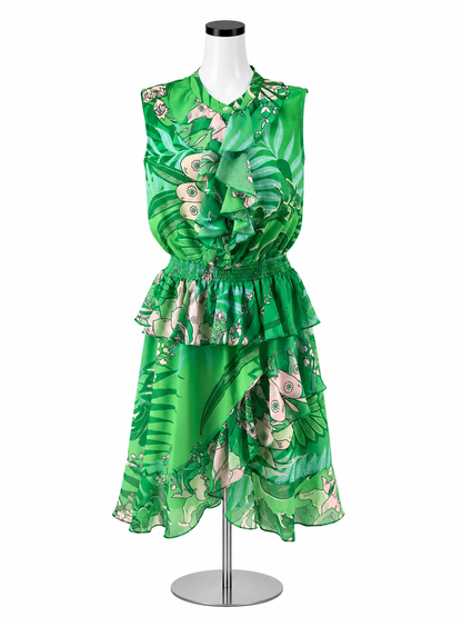 Hale Bob Emerald Green Floral Tiered Ruffle Sleeveless Dress Size Large
