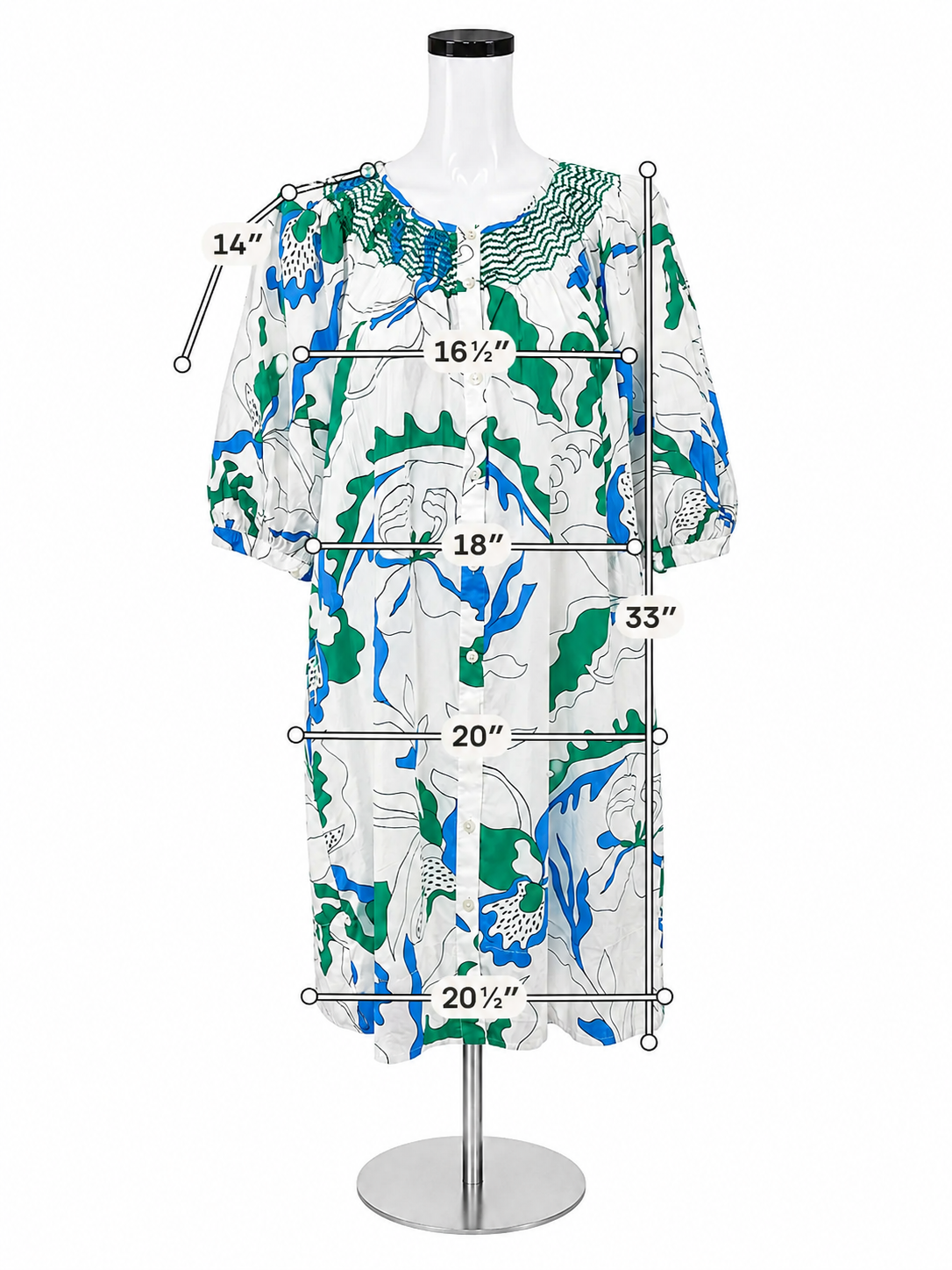 Oliphant Smocked Tunic Dress Hand-Blocked Cotton Blue Green Floral NWT XL