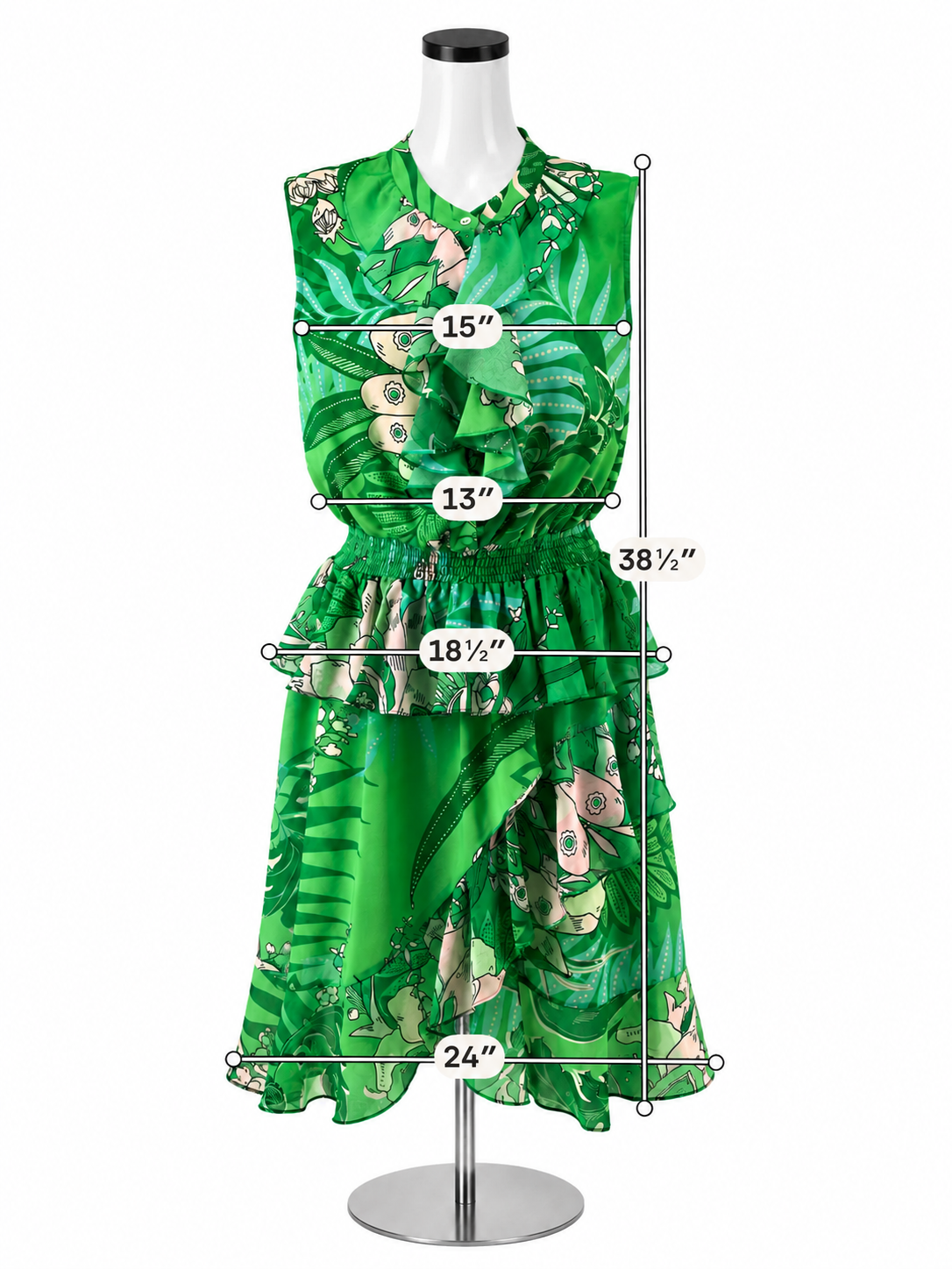 Hale Bob Emerald Green Floral Tiered Ruffle Sleeveless Dress Size Large