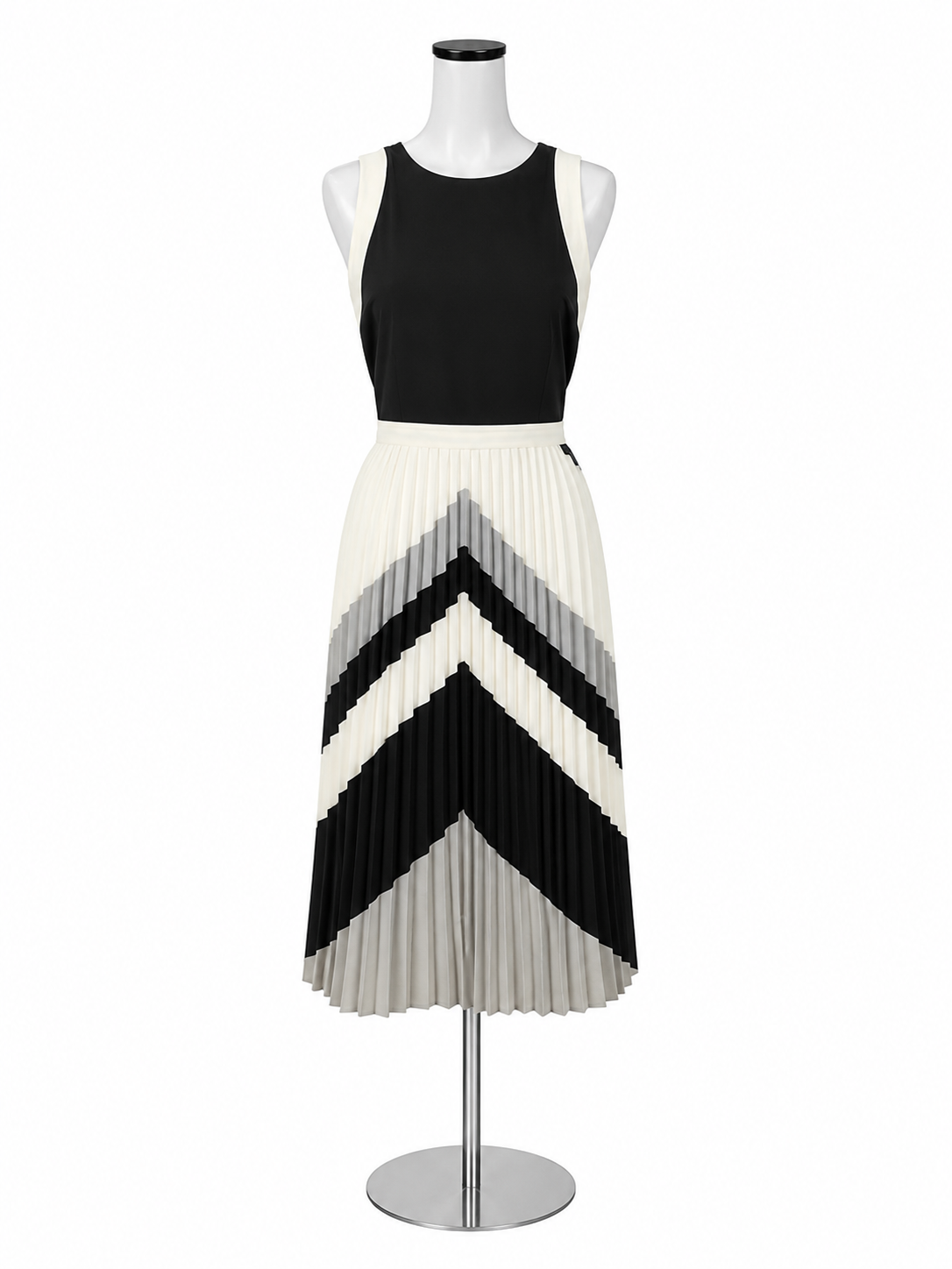 Banana Republic Chevron Pleated Midi Dress Size 10 Black Gray White Colorblock