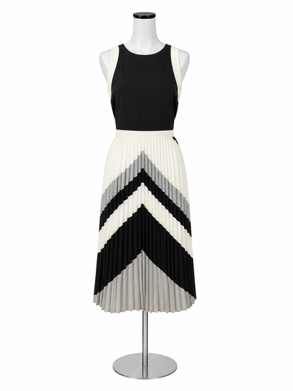 Banana Republic Chevron Pleated Midi Dress Size 10 Black Gray White Colorblock