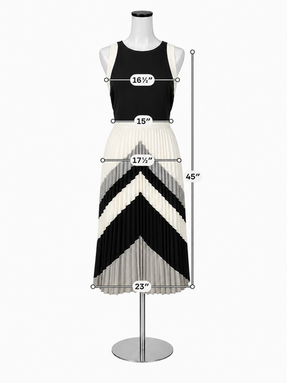 Banana Republic Chevron Pleated Midi Dress Size 10 Black Gray White Colorblock
