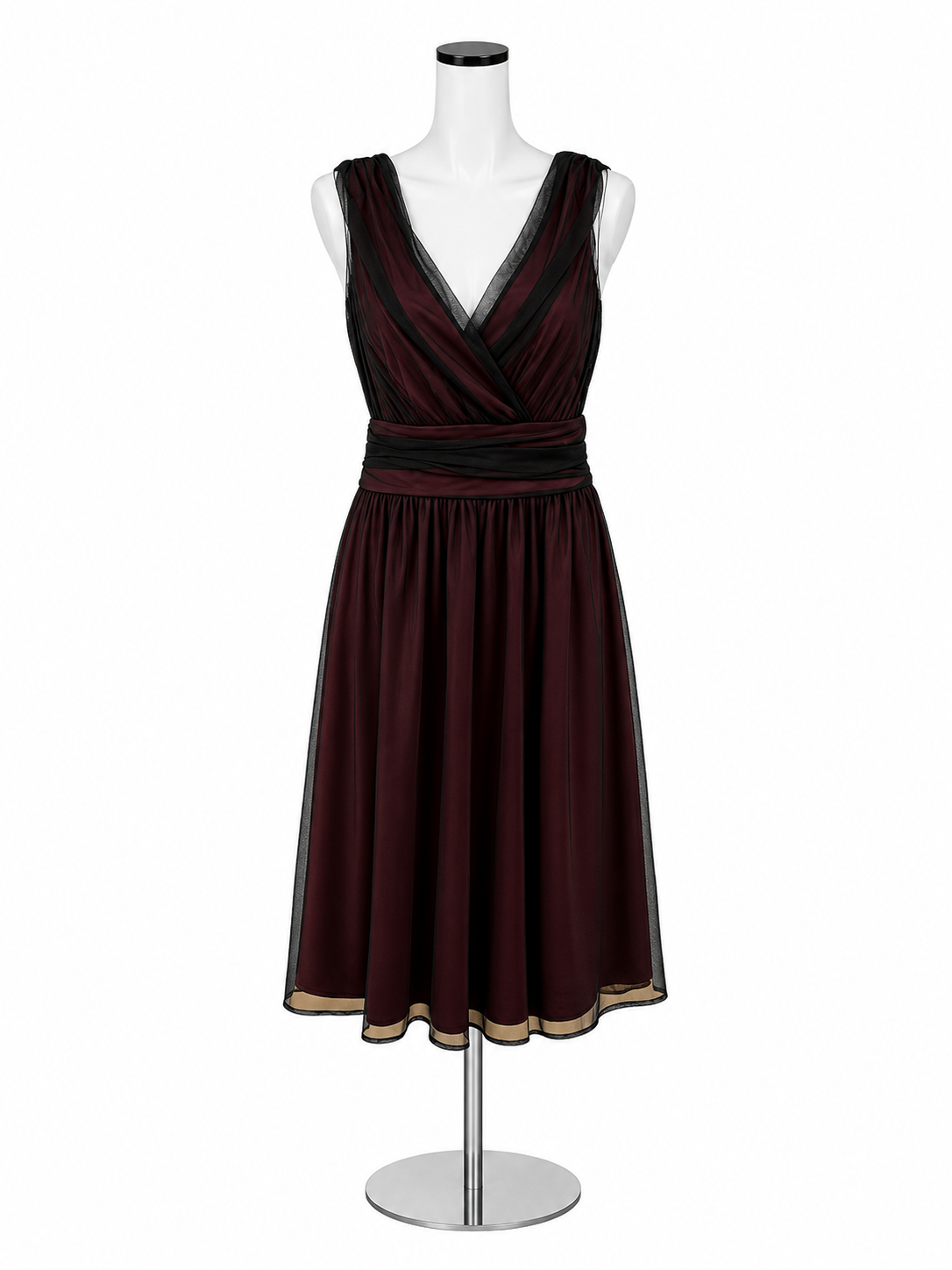 Cami V-Neck A-Line Midi Cocktail Dress Black Maroon Mesh Size 10