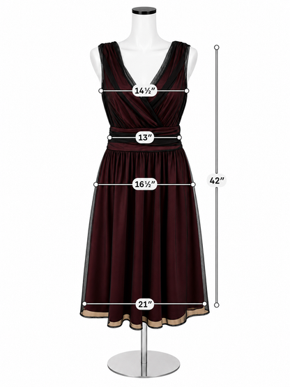 Cami V-Neck A-Line Midi Cocktail Dress Black Maroon Mesh Size 10
