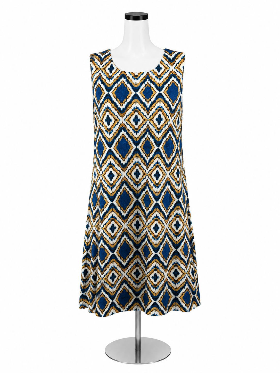 Tommy Hilfiger Blue &amp; Gold Geometric Diamond Print Sleeveless Shift Dress | Size 12