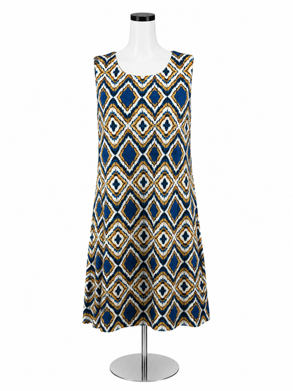 Tommy Hilfiger Blue &amp; Gold Geometric Diamond Print Sleeveless Shift Dress | Size 12
