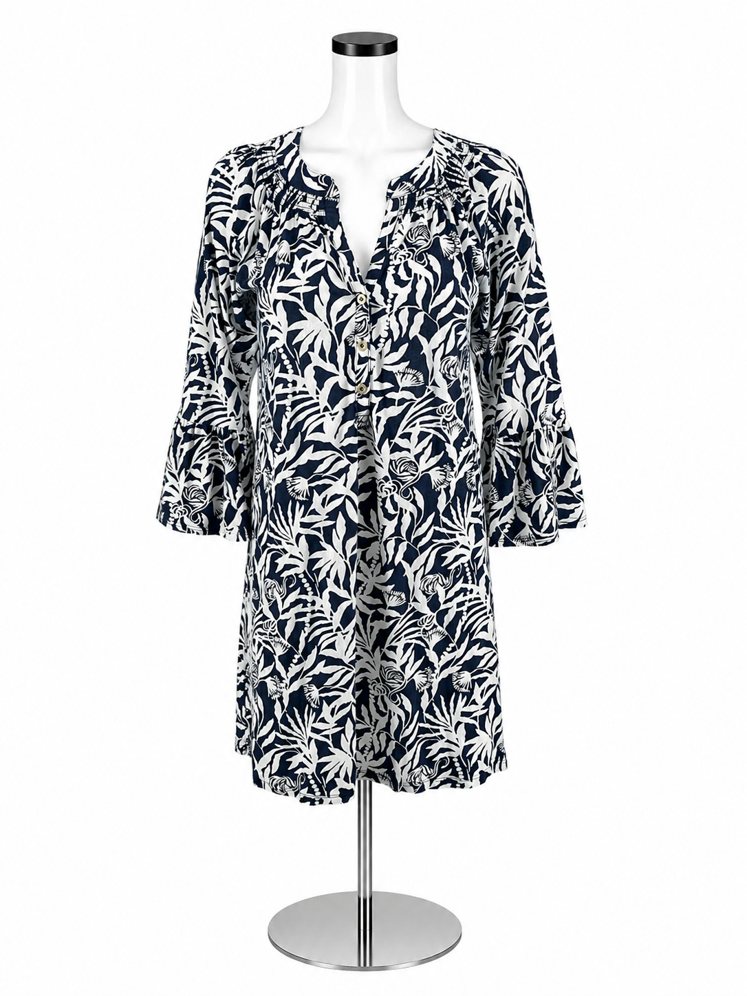 Lilly Pulitzer Kimi Tunic Dress XS Navy White Botanical Print Bell Sleeve