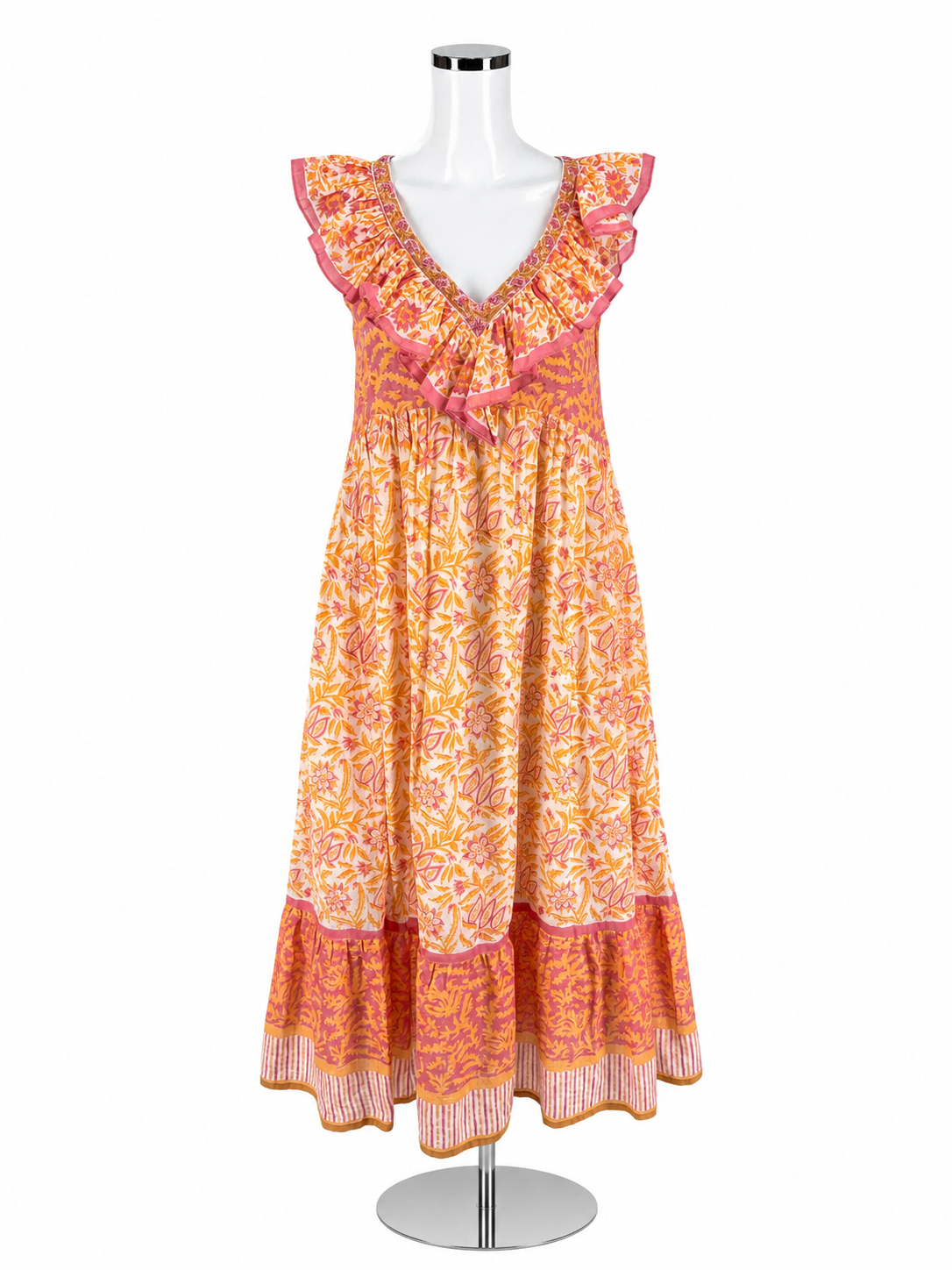 Bella Tu Tiered Floral Block Print Maxi Dress XS Cotton Bohemian