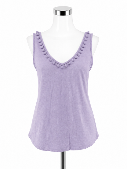 Lilly Pulitzer Florin V-Neck Pima Cotton Tank Top Lavender Pom Pom Trim S/M