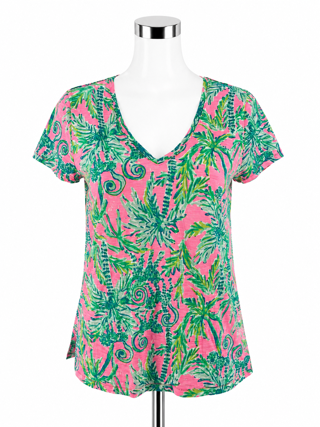 Lilly Pulitzer Etta V-Neck Tee Top S Pink Multi Sink Or Swim Palm Print
