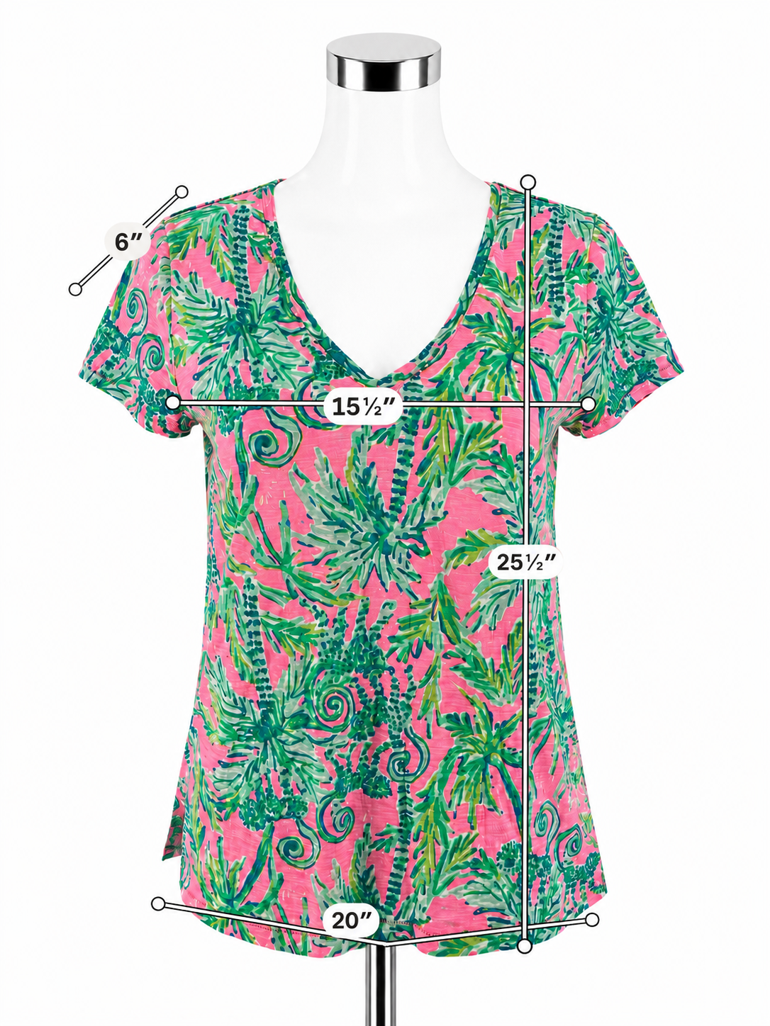 Lilly Pulitzer Etta V-Neck Tee Top S Pink Multi Sink Or Swim Palm Print