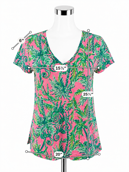 Lilly Pulitzer Etta V-Neck Tee Top S Pink Multi Sink Or Swim Palm Print