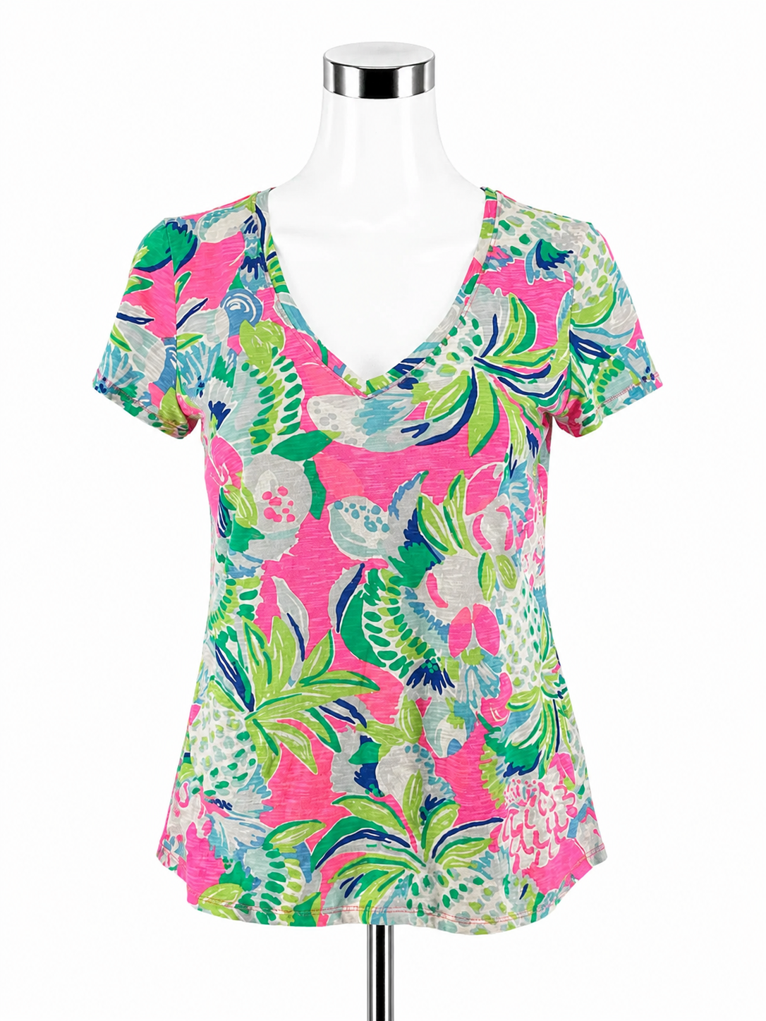 Lilly Pulitzer Margaux V-Neck Tee XS Tropical Floral Print Pre-Owned