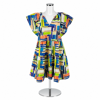 Entro Brushstroke Print Tiered Cotton Babydoll Mini Dress Size Medium