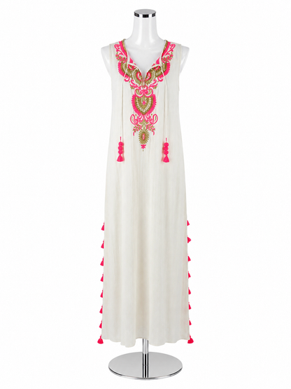 Lilly Pulitzer Jaxi Maxi Dress XS White Pink Embroidered Tassel