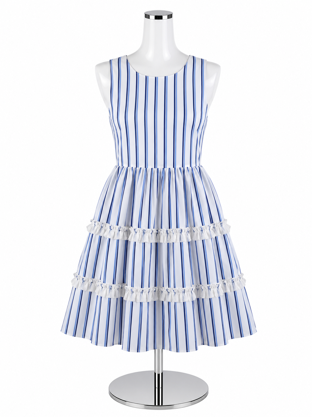 Eliza J Blue Stripe Tiered Ruffle Cotton A-Line Dress Size 14
