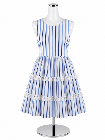 Eliza J Blue Stripe Tiered Ruffle Cotton A-Line Dress Size 14