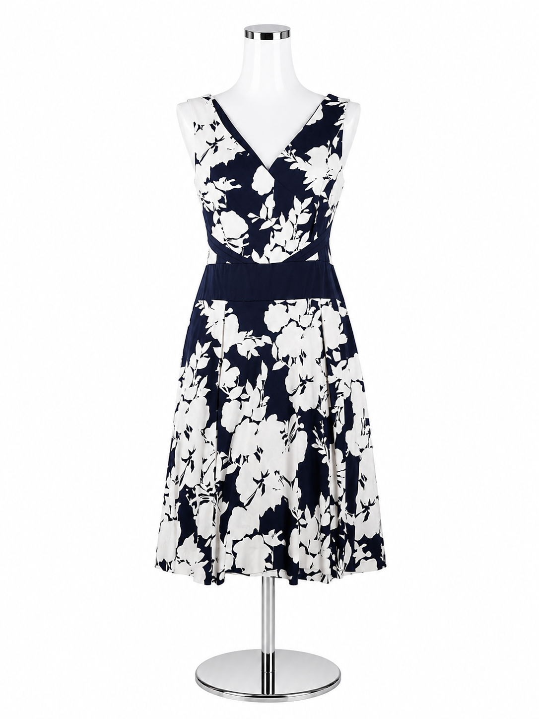 Chaps Navy Blue &amp; White Floral Sleeveless Fit &amp; Flare Dress Size 14
