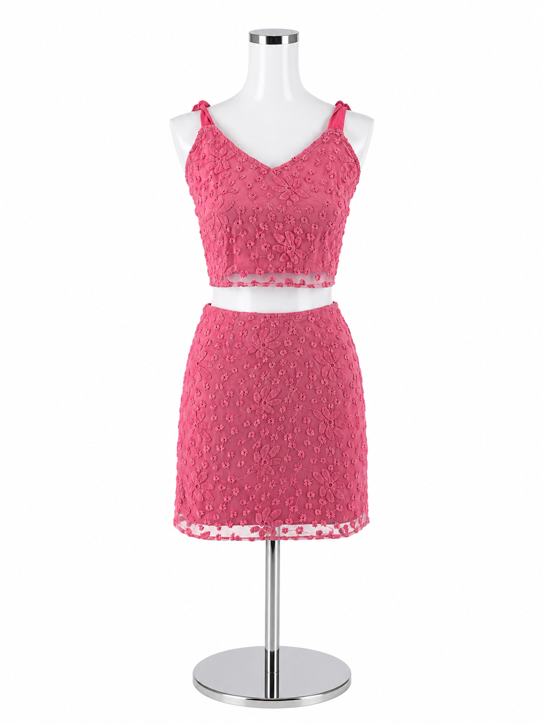 mi ami Pink Floral Embroidered Mesh Two-Piece Skirt Set | Size XS
