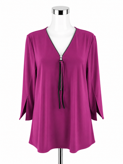 Joseph Ribkoff Asymmetrical Tassel Zipper Tunic Top Fuchsia Purple Size 14