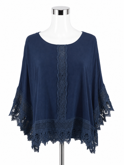 Katja Navy Blue Lace Poncho Top Boho Handkerchief Hem Blouse Size 2XL