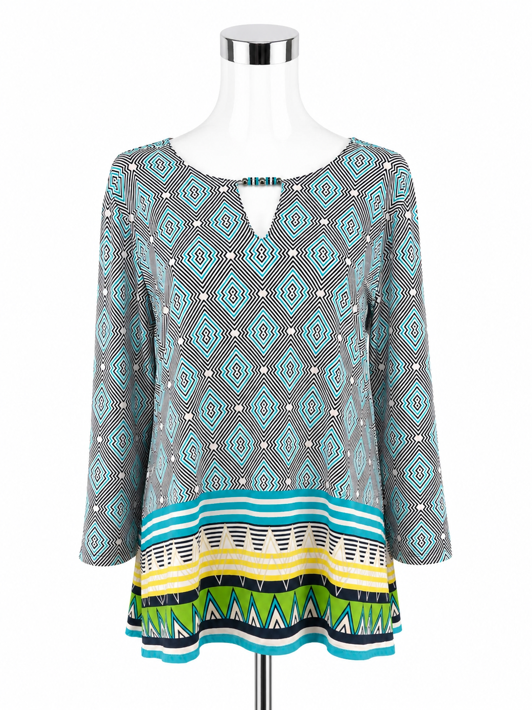 Ruby Rd. Mixed Print Tunic Top Beaded Keyhole 3/4 Sleeve Blouse | Size XL