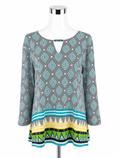 Ruby Rd. Mixed Print Tunic Top Beaded Keyhole 3/4 Sleeve Blouse | Size XL