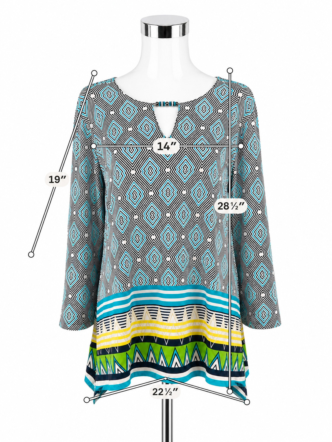 Ruby Rd. Mixed Print Tunic Top Beaded Keyhole 3/4 Sleeve Blouse | Size XL