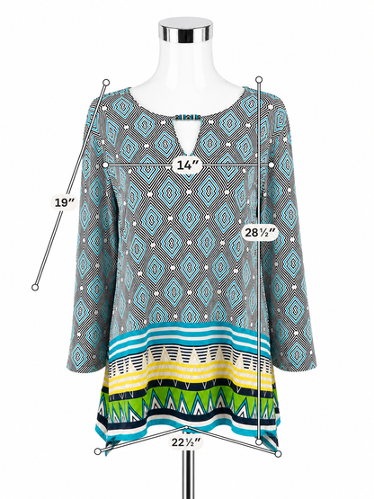 Ruby Rd. Mixed Print Tunic Top Beaded Keyhole 3/4 Sleeve Blouse | Size XL