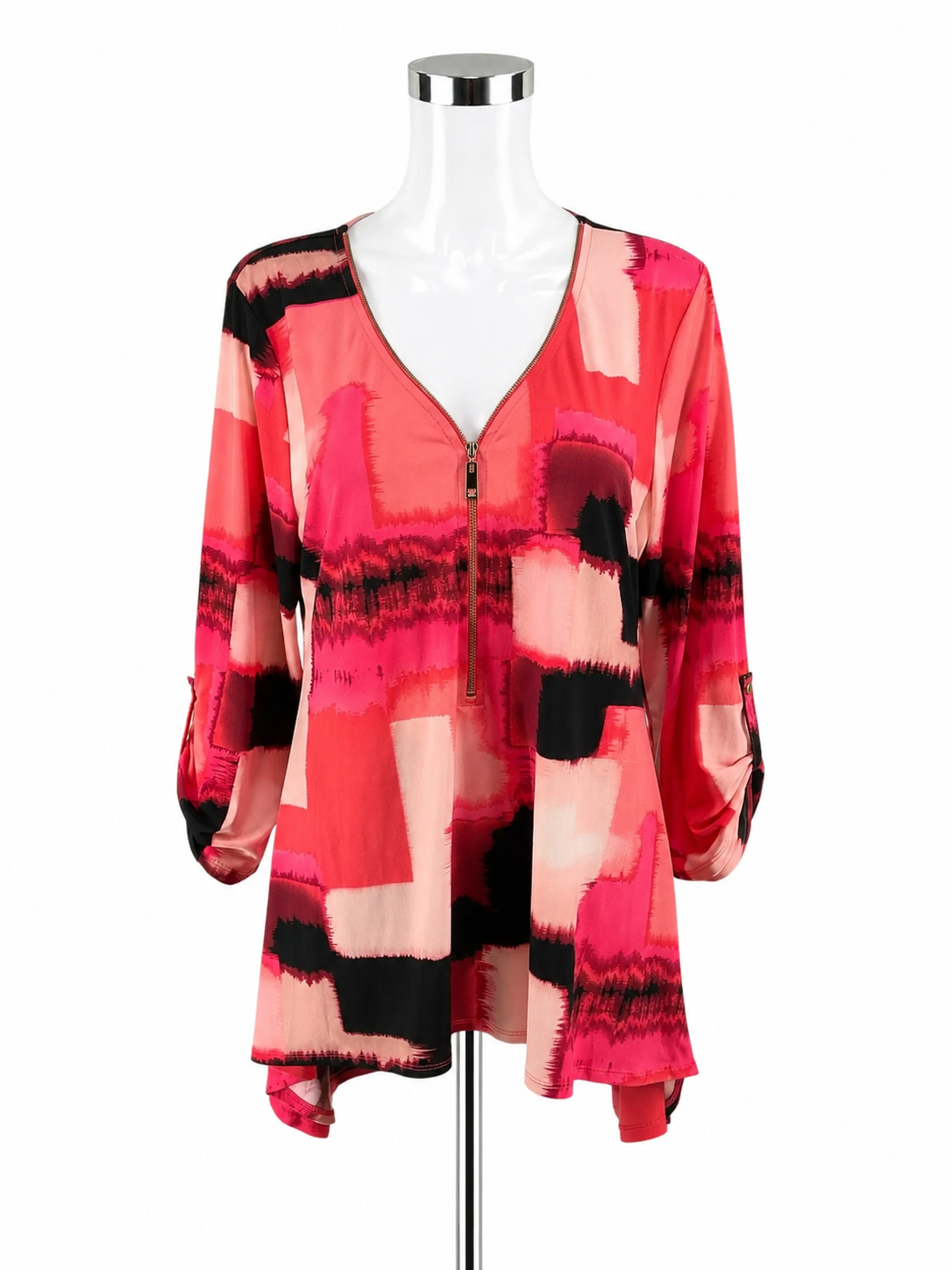 Chaus New York Abstract Print Zipper V-Neck Tunic Top Size XL