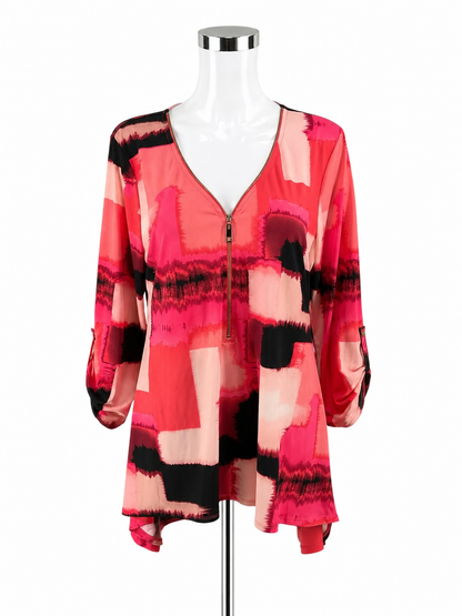 Chaus New York Abstract Print Zipper V-Neck Tunic Top Size XL