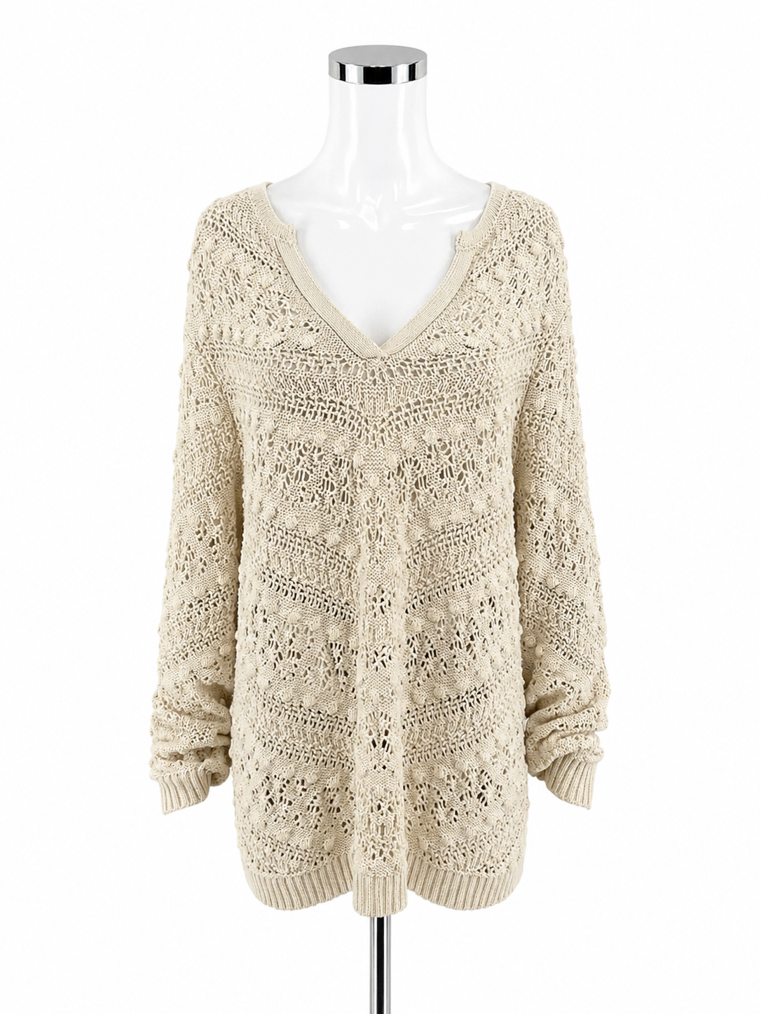 J. Jill Tan Open Knit Boho Sweater Cotton Blend V-Neck Pullover Top XL