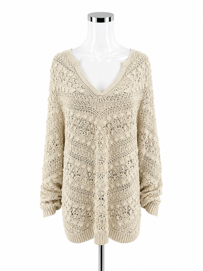 J. Jill Tan Open Knit Boho Sweater Cotton Blend V-Neck Pullover Top XL