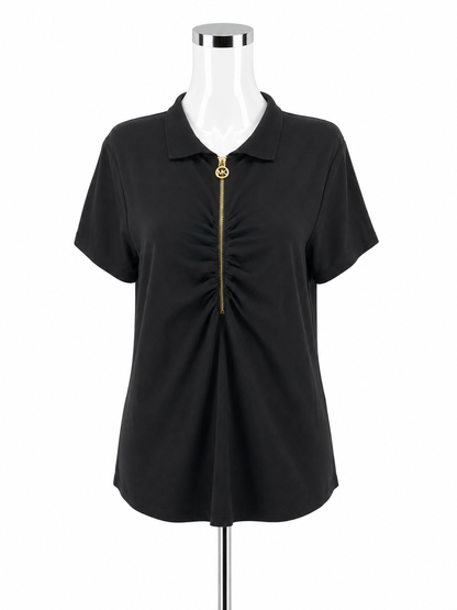 MICHAEL Michael Kors Black Ruched Front Zip Polo Top Size XL