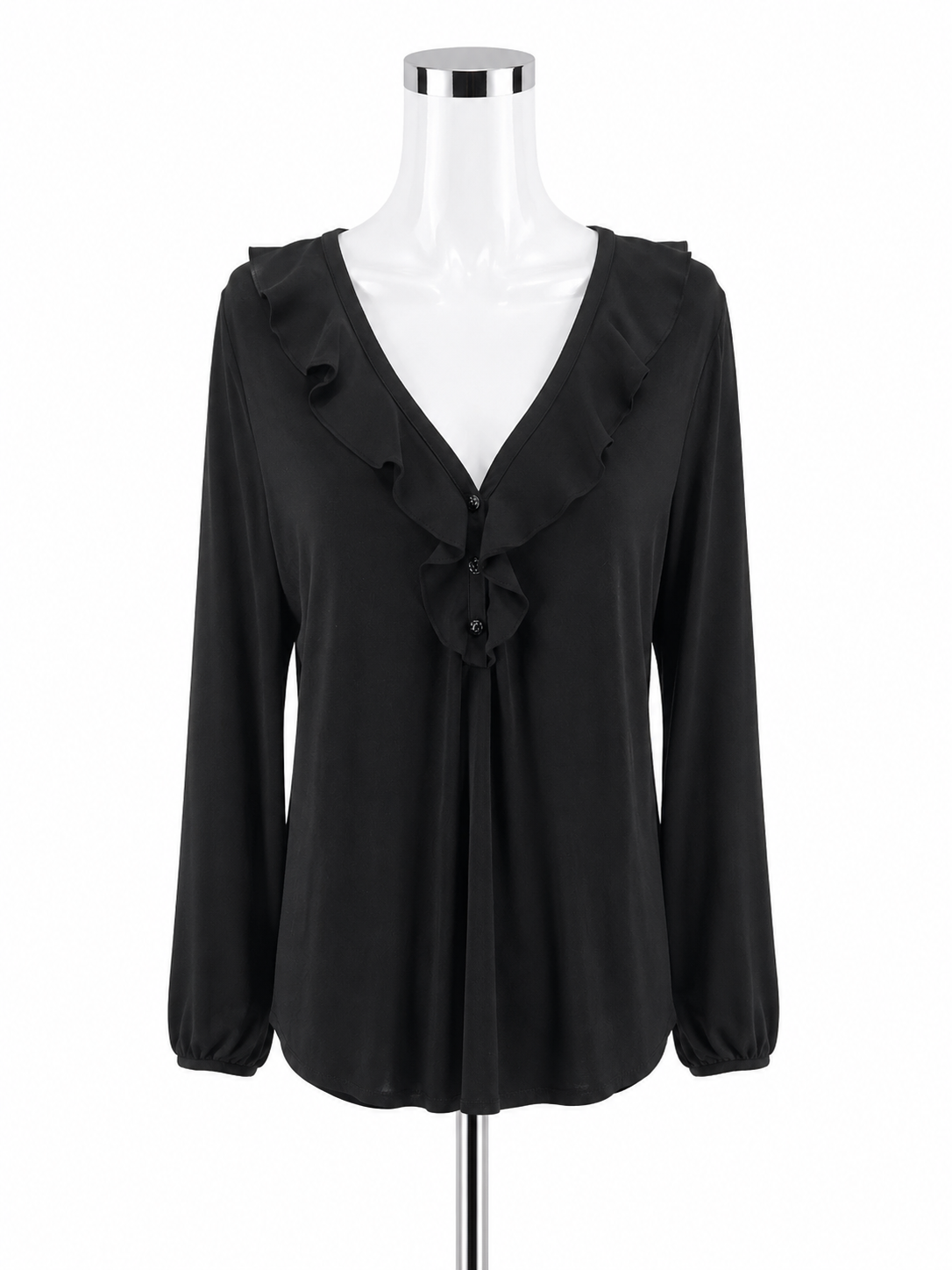 White House Black Market Ruffle V-Neck Long Sleeve Top Black Size Large