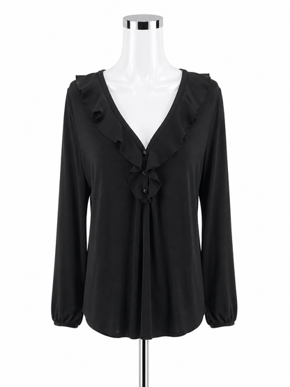 White House Black Market Ruffle V-Neck Long Sleeve Top Black Size Large